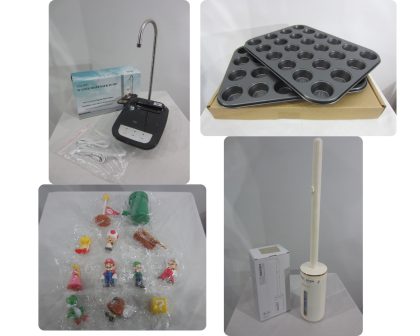 Lote conformado por: 84 Pzas aprox de bienes diversos como: Charolas para cupcakes, Figuras Coleccionables de Mario Bros, Dispensador de agua electrico y Cepillo desechable para inodoro.