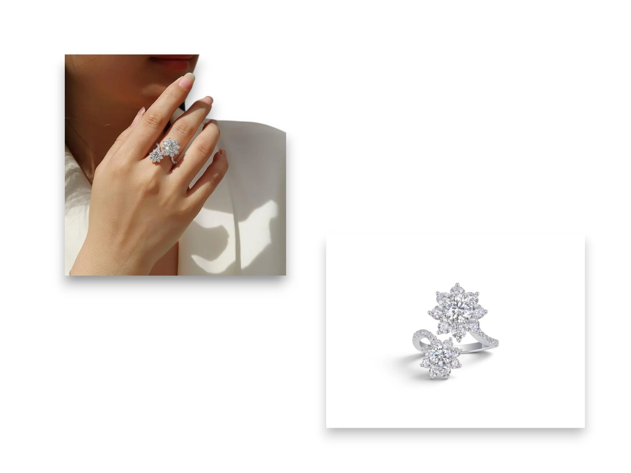 ANILLO CON DISEÑO ABIERTO EN FORMA DE 2 FLORES PLATA 925 MOISSANITA. 4.21 gr. — imagen 2