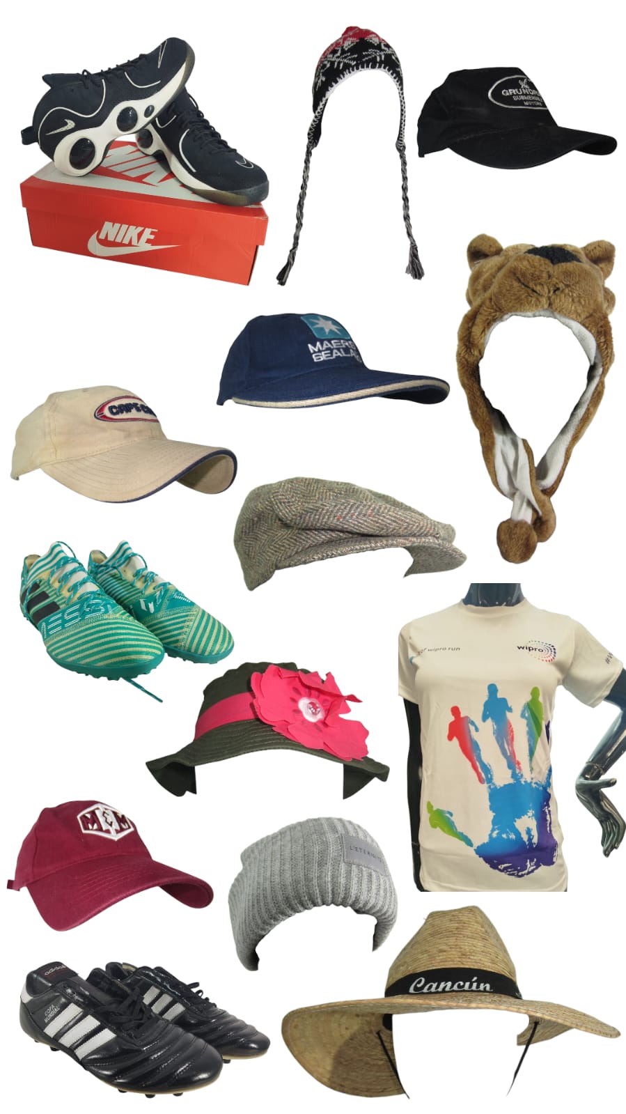 LOTE MIXTO DE ACCESORIOS: GORRAS, GORROS, SOMBREROS, BOINAS, TENIS Y PLAYERAS DEPORTIVAS